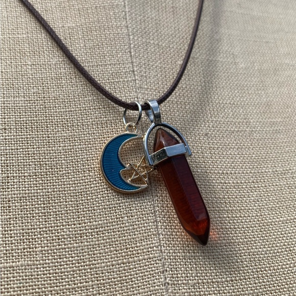 Handmade Amber Colored Resin Dagger Crystal Amulet Necklace with Moon Charm - Picture 3 of 5